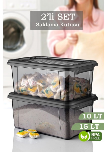 2'li Set Vera Deterjanlık Kilit Kapaklı Saklama Kutusu Banyo Düzenleyici - Un Bakliyat Kabı 10-15 Lt