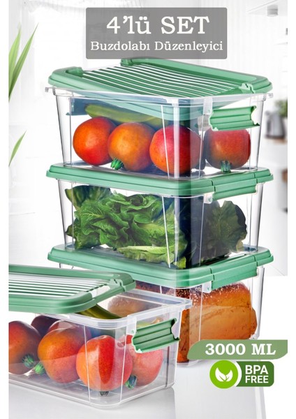 4'lü 3 Lt Kilit Kapaklı Erzak Saklama Kabı - Çok Amaçlı Düzenleyici Kutu Gıda Bakliyat Kabı Yeşil