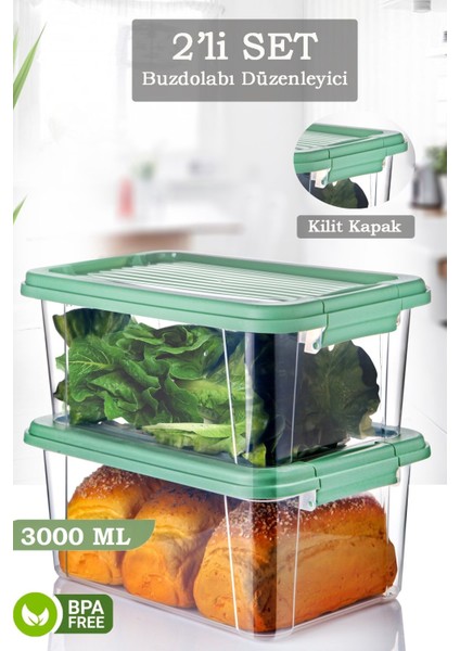 2'li 3 Lt Kilit Kapaklı Erzak Saklama Kabı - Çok Amaçlı Düzenleyici Kutu Gıda Bakliyat Kabı Yeşil