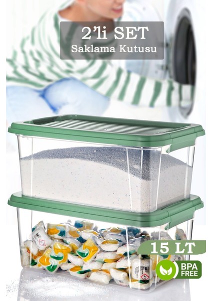 2'li Vera 15 Lt Kilit Kapaklı Deterjanlık Saklama Kutusu Banyo Düzenleyici - Un Bakliyat Kabı Yeşil