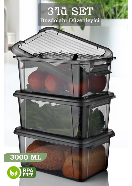 3'lü 3 Lt Kilit Kapaklı Erzak Saklama Kabı - Çok Amaçlı Düzenleyici Kutu Gıda Bakliyat Kabı Antrasit