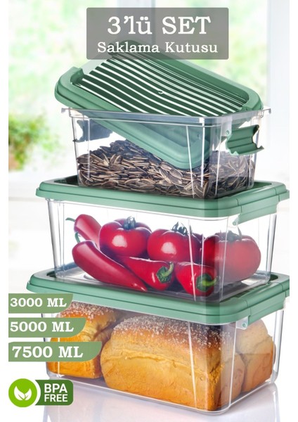 3'lü Set Kilit Kapaklı Erzak Saklama Kabı Çok Amaçlı Düzenleyici Kutu Gıda Bakliyat Kabı 3-5-7,5 Lt