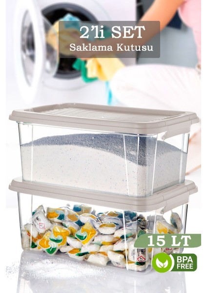 2'li Vera 15 Lt Kilit Kapaklı Deterjanlık Saklama Kutusu Banyo Düzenleyici - Un Bakliyat Kabı Beyaz