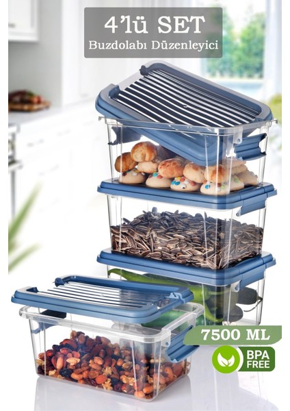 4'lü 7,5 Lt Kilit Kapaklı Erzak Saklama Kabı - Çok Amaçlı Düzenleyici Kutu Gıda Bakliyat Kabı Mavi