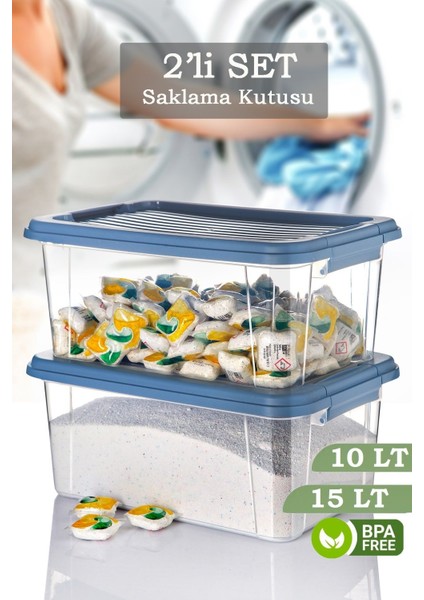 2'li Set Vera Deterjanlık Kilit Kapaklı Saklama Kutusu Banyo Düzenleyici - Un Bakliyat Kabı 10-15 Lt