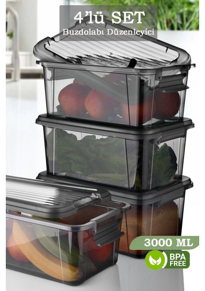 4'lü 3 Lt Kilit Kapaklı Erzak Saklama Kabı - Çok Amaçlı Düzenleyici Kutu Gıda Bakliyat Kabı Antrasit