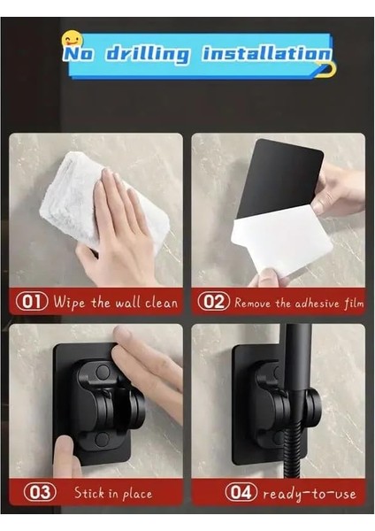 Yapışkanlı Duş Başlığı Tutucu , Ayarlanabilir El Duş Tutacağı Delme Yok Duvara Monte Su Geçirmez , Mafsal , Duş Askısı (Black)