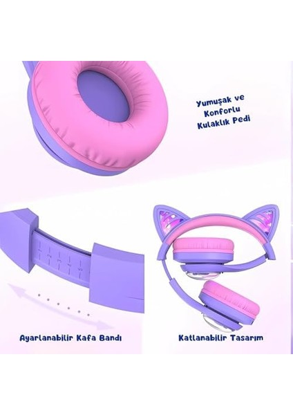 Kedi Kulaklı LED Işıklı Güvenli Ses Sınırlı 45 Saat Oynatma Süreli Bluetooth Çocuk Kulaklığı Mor