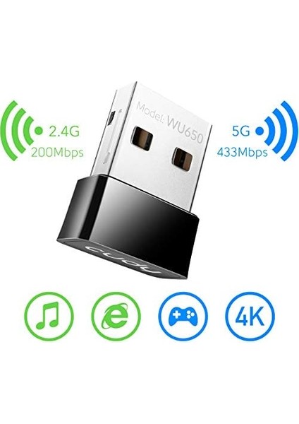 WU650 AC650 USB Wifi Adaptörü, Pc ve Dizüstü Bilgisayar Için, Nano Boyut, Windows Xp/7/8.x/10/11, Mac Os ile Uyumlu