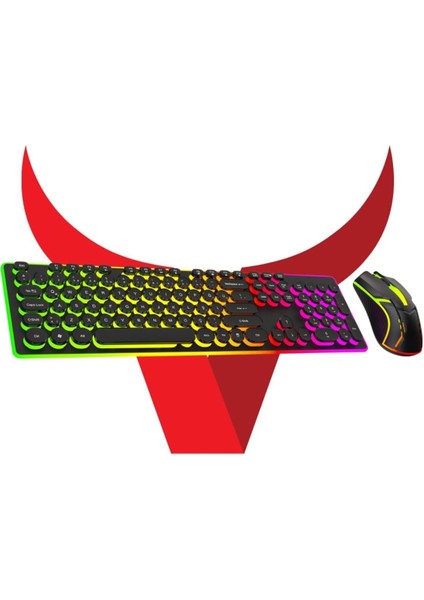 Rainbow Aydınlatmalı Daktilo Klavye Mouse Set 105 Tuşlu LED Işıklı USB Kablolu Vk-Bkb8 V-190878109923