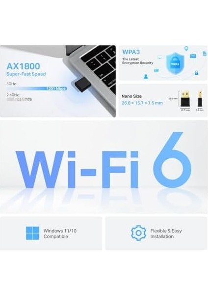 Archer TX20U Nano, AX1800 Mbps, Çift Bant, Mu-Mımo, USB 3.0, Wpa3, Windows 10/11 Uyumlu, Wi-Fi 6 Nano USB Adaptör