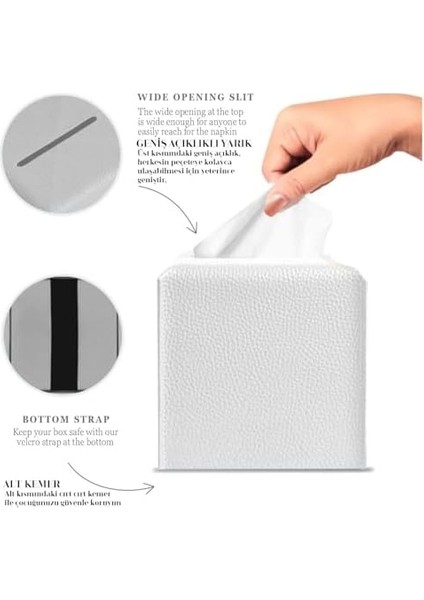 Spring Modern Pu Deri Peçete Kutusu Kapağı, Basit Düz Renk Tutucu Kare Peçete Çantası, Banyo, Ofis, Araba, Açık Çadır, Yemek Masası Için Ideal, 13 x 13 x 13 Cm, Beyaz