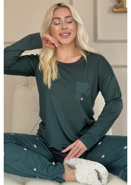 Zümrüt Sunlit Desenli Bambu Uzun Kol Kadın Pijama Takımı