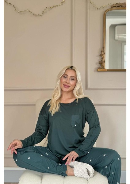 Zümrüt Sunlit Desenli Bambu Uzun Kol Kadın Pijama Takımı
