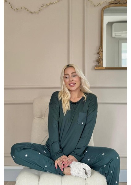 Zümrüt Sunlit Desenli Bambu Uzun Kol Kadın Pijama Takımı