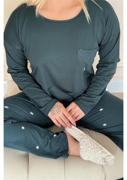 Zümrüt Sunlit Desenli Bambu Uzun Kol Kadın Pijama Takımı