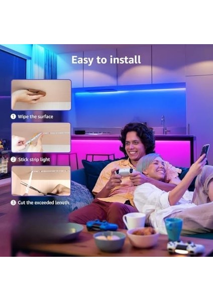 Rgb Akıllı Şerit LED Işık - SB-6526, 256 Renk, Bluetooth Kontrollü, Dekoratif ve Ortam Aydınlatması, Oyun ve Çalışma Masası, Tv, Parti, Yatak Odası Için (5 Metre)
