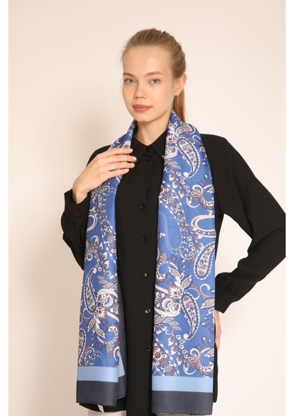 Vintage Esintili Mavi Soft Şal | Badem Desenli Şık ve Zarif Kadın Şal Modeli