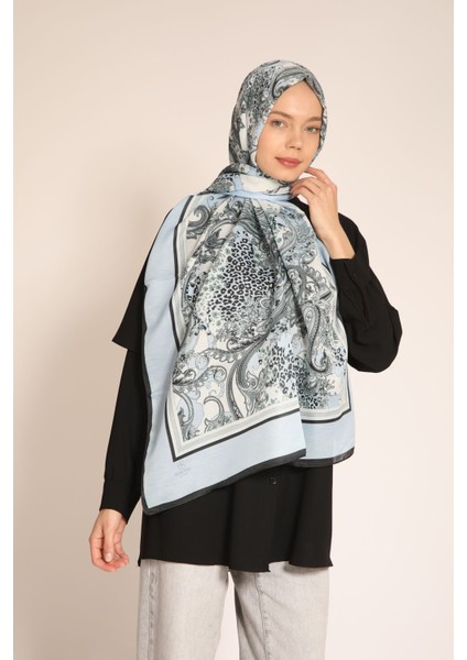 Açık Mavi Leopar ve Paisley Desenli Soft Şal | Ipek Görünümlü Modern Tasarım