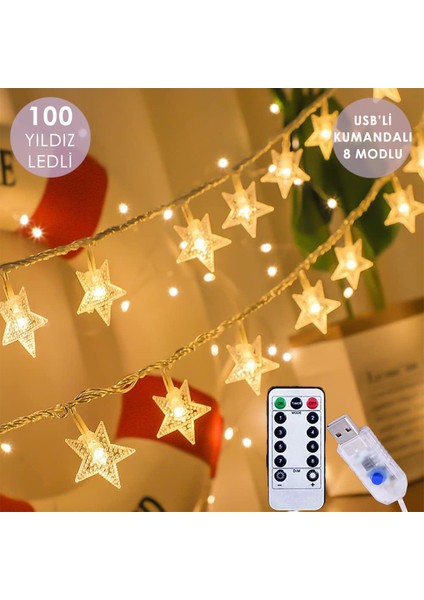 100 Yıldız Ledli 10 Metre Usb’li Kumandalı Şerit LED Işık – 8 Modlu Dekoratif Aydınlatma