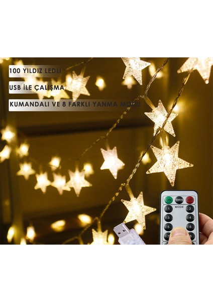 100 Yıldız Ledli 10 Metre Usb’li Kumandalı Şerit LED Işık – 8 Modlu Dekoratif Aydınlatma
