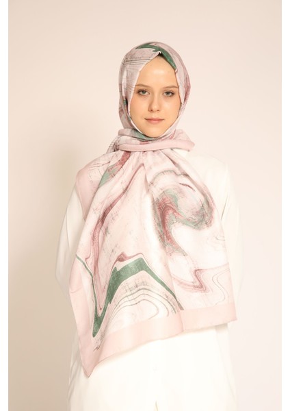 Yeni Sezon Kadın Şal | Soft Pembe Mermer Desen, Yeşil Detaylı