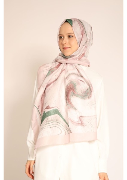 Yeni Sezon Kadın Şal | Soft Pembe Mermer Desen, Yeşil Detaylı