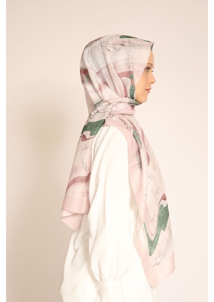 Yeni Sezon Kadın Şal | Soft Pembe Mermer Desen, Yeşil Detaylı