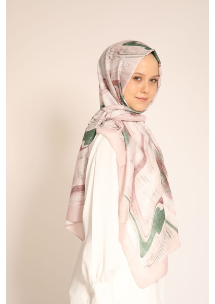 Yeni Sezon Kadın Şal | Soft Pembe Mermer Desen, Yeşil Detaylı