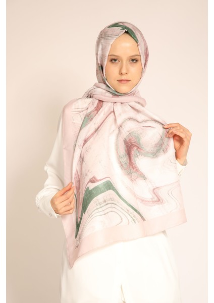 Yeni Sezon Kadın Şal | Soft Pembe Mermer Desen, Yeşil Detaylı
