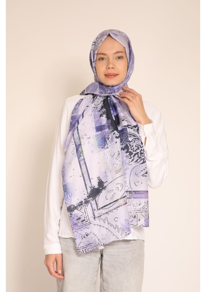 Lila ve Siyah Geometrik Desenli Soft Kumaş Şal – Modern ve Şık Tasarım