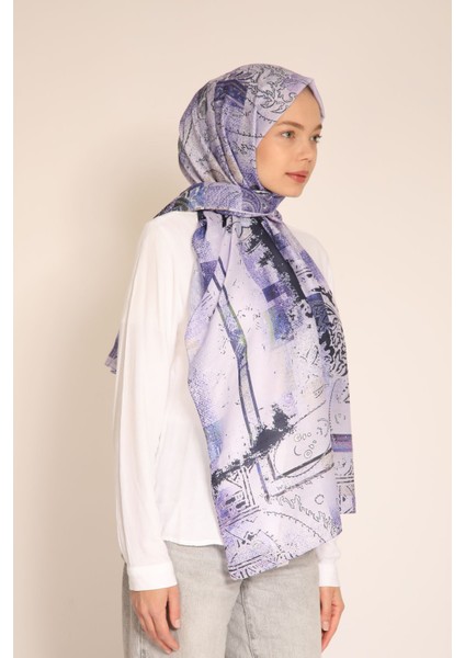 Lila ve Siyah Geometrik Desenli Soft Kumaş Şal – Modern ve Şık Tasarım
