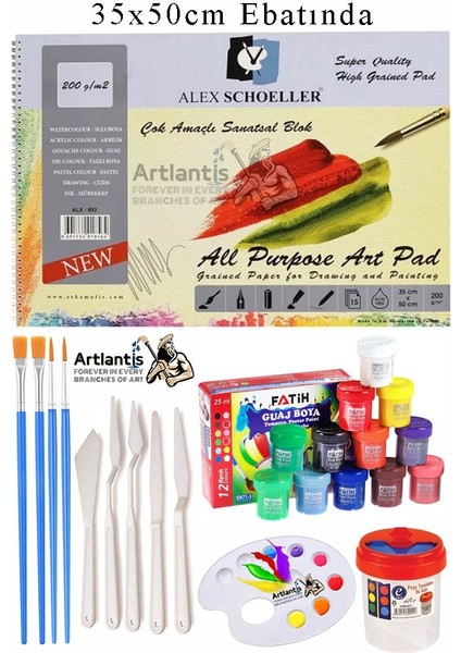Alex Schoeller Çok Amaçlı Sanatsal Blok 35X50 200 gr 15 Yaprak Fatih 12 Renk 20 ml Guaj Boya Plastik Spatula Fırça