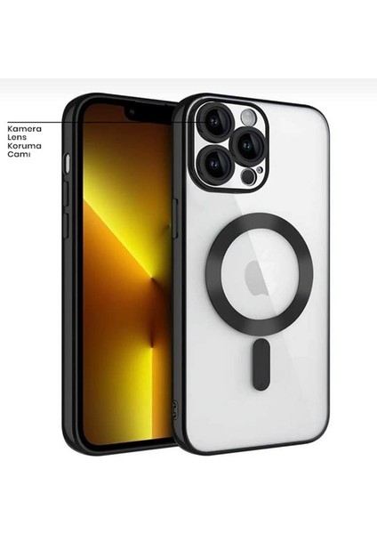 Aks iphone 14 Pro Için Kablosuz Şarj ile Uyumlu, Kamera Lens Korumalı Lazer Kılıf Siyah