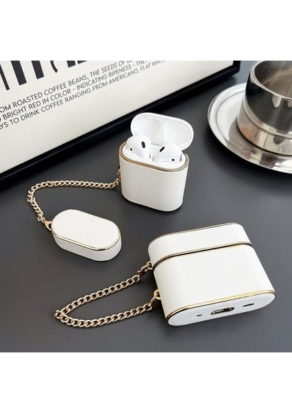 Airpods 1/2 Nesil ile Uyumlu Içi Silikon Deri Zincirli Lüks Kılıf - Şık ve Zarif Tasarım, Tam Koruma ve Kolay Taşıma (Su Yeşili)
