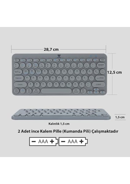 BT-K95 2,4ghz Wireless + Bluetooth Kablosuz Sessiz Klavye Uzay Gri Çift Modlu Telefon Tablet Mac Uyumlu