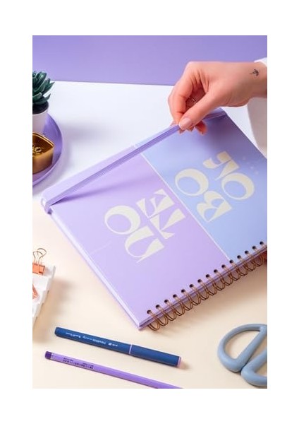 20X28 Spiralli Sert Kapak Lastikli Kareli Not Defteri Lila