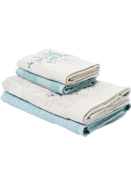 Mimosa Çiçek Desenli%60 Pamuk%40 Viskoz Hamam Seti, Taş-Nil Mavisi, 2 Adet 70X150 cm Havlu, 2 Adet 50X90 cm Havlu