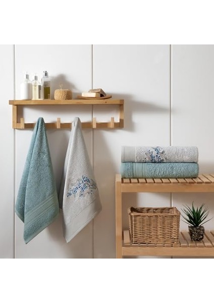 Mimosa Çiçek Desenli%60 Pamuk%40 Viskoz Hamam Seti, Taş-Nil Mavisi, 2 Adet 70X150 cm Havlu, 2 Adet 50X90 cm Havlu