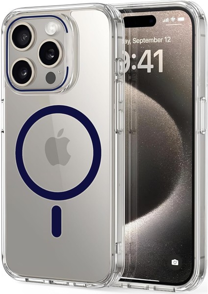 iphone 15 Pro Max Için Ultimate Serisi Magsafe ile Uyumlu Kesinlikle Sararmayan Ultra Şeffaf Kristal Berraklığında Akrilik Sert Kılıf Metal Tuşlar ve Güçlü Manyetik Kılıf (Mavi)