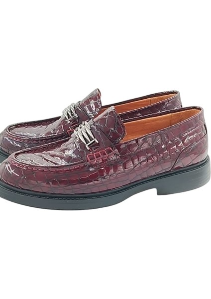 420525LY3211 Erkek Günlük Loafer Tokalı Bordo Kroko