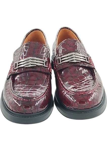 420525LY3211 Erkek Günlük Loafer Tokalı Bordo Kroko
