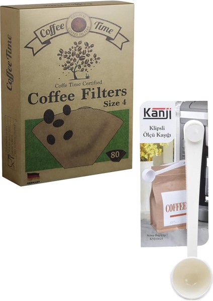 Time Filtre Kahve Kağıdı 1/4 4 Numara 80'li Paket + Kanji Klipsli Çay Kahve Ölçü Kaşığı - Beyaz