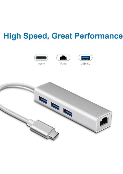 Type C Ethernet 1000MBPS - 1 Gigabit RJ45 Adaptör ve 3 USB Bağlantı Noktası 3.0 Data Hub MacBook Air/pro iMac Acer Lenovo Asus Hp Samsung Huawei ile Uyumlu - Gümüş