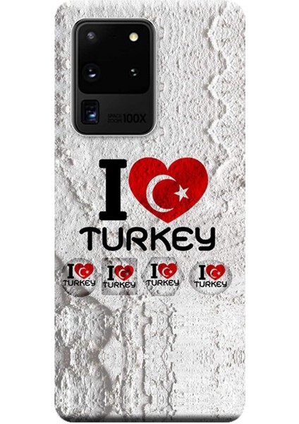 Merkezi Samsung Galaxy S20 Ultra Kılıf (SM-G988B) Baskılı Silikon I Love Turkey STK:158