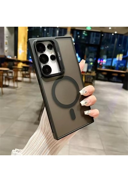 Galaxy S24 Ultra Kılıf Krom Mika Kamera Lens Hediyeli Kapak Arkası Mat Mıknatıs Şarjlı Kılıf Metal Standlı Kamera Korumalı S24 Ultra Lens (S24 Ultra Siyah Kılıf)