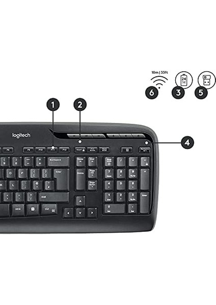 MK330 Kablosuz Klavye ve Mouse Seti, Multimedya Tuşları, Sıvı Dökülmesine Dayanıklı, 10 M Kullanım Mesafesi, Türkçe Q Klavye, Siyah