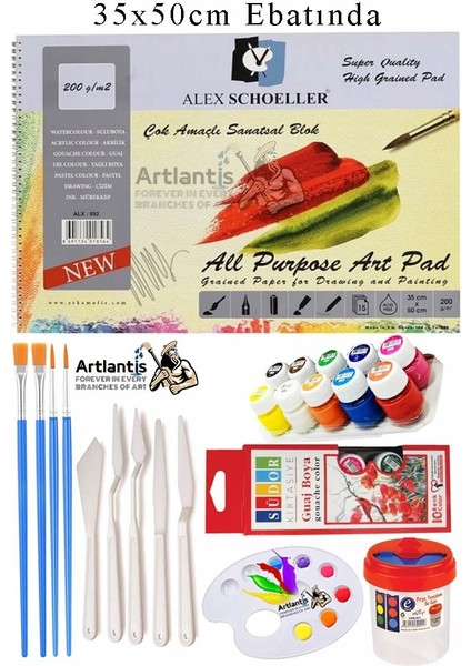 Alex Schoeller Çok Amaçlı Sanatsal Blok 35X50 200 gr 15 Yaprak Südor 12 Renk 20 ml Guaj Boya Plastik Spatula Fırça