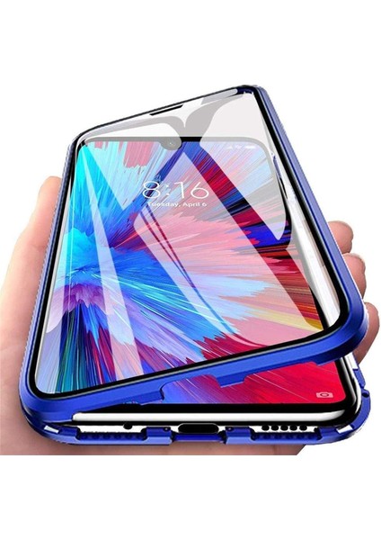 Samsung Galaxy Note 10 Plus Uyumlu Kılıf Önü Açık Arkası Temperli Cam, Manyetik Adsorpsiyon Darbeye Dayanıklı Kapak, Alüminyum Metal Tampon Güçlü Mıknatıslar (Mavi)