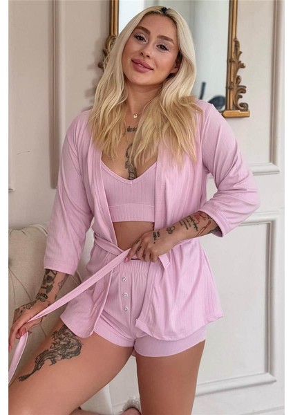 Pembe Dublin Büstiyerli Sabahlıklı Kadın Pijama Takımı